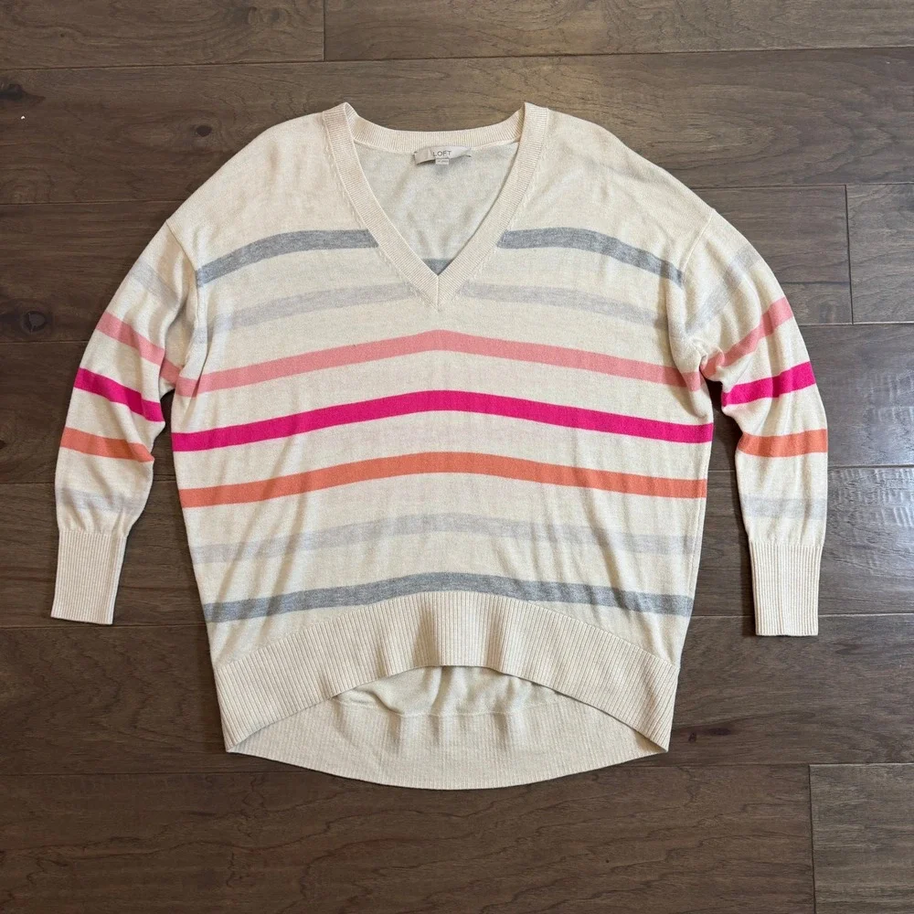 LOFT Womens Striped V-Neck Sweater Cream Pink Orange‎ Grey Size M Relaxed Fit